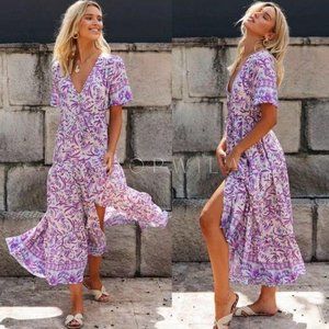 Boho Floral Gypsy Print Purple Maxi Dress Cream